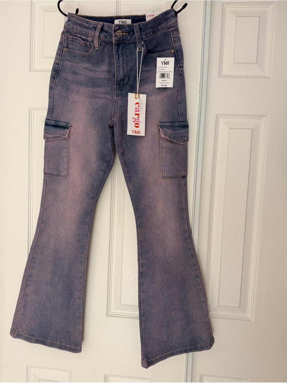 YMI Cargo Flare Jeans Medium Wash Lavender Tint With Side Pockets Girls Size 12